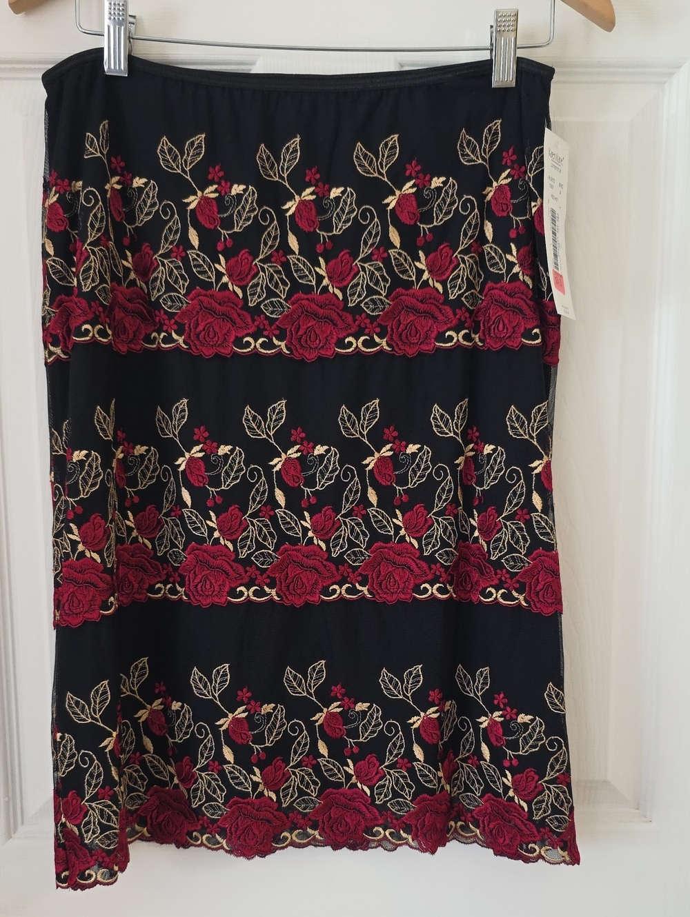 Karen Kane Black Midi Skirt with Red and Gold Floral Embroidery New Size L
